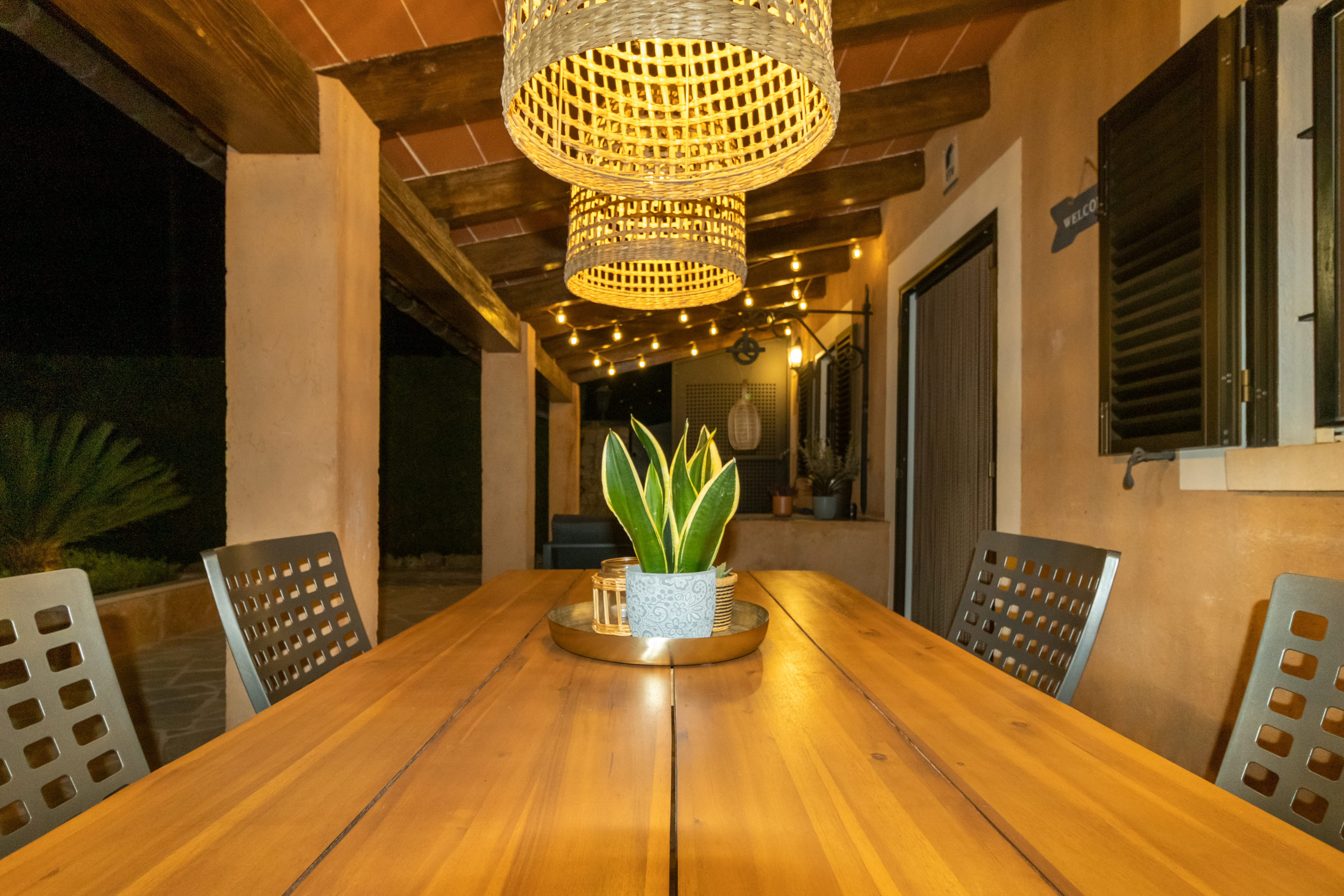 Outdoor dining area by night