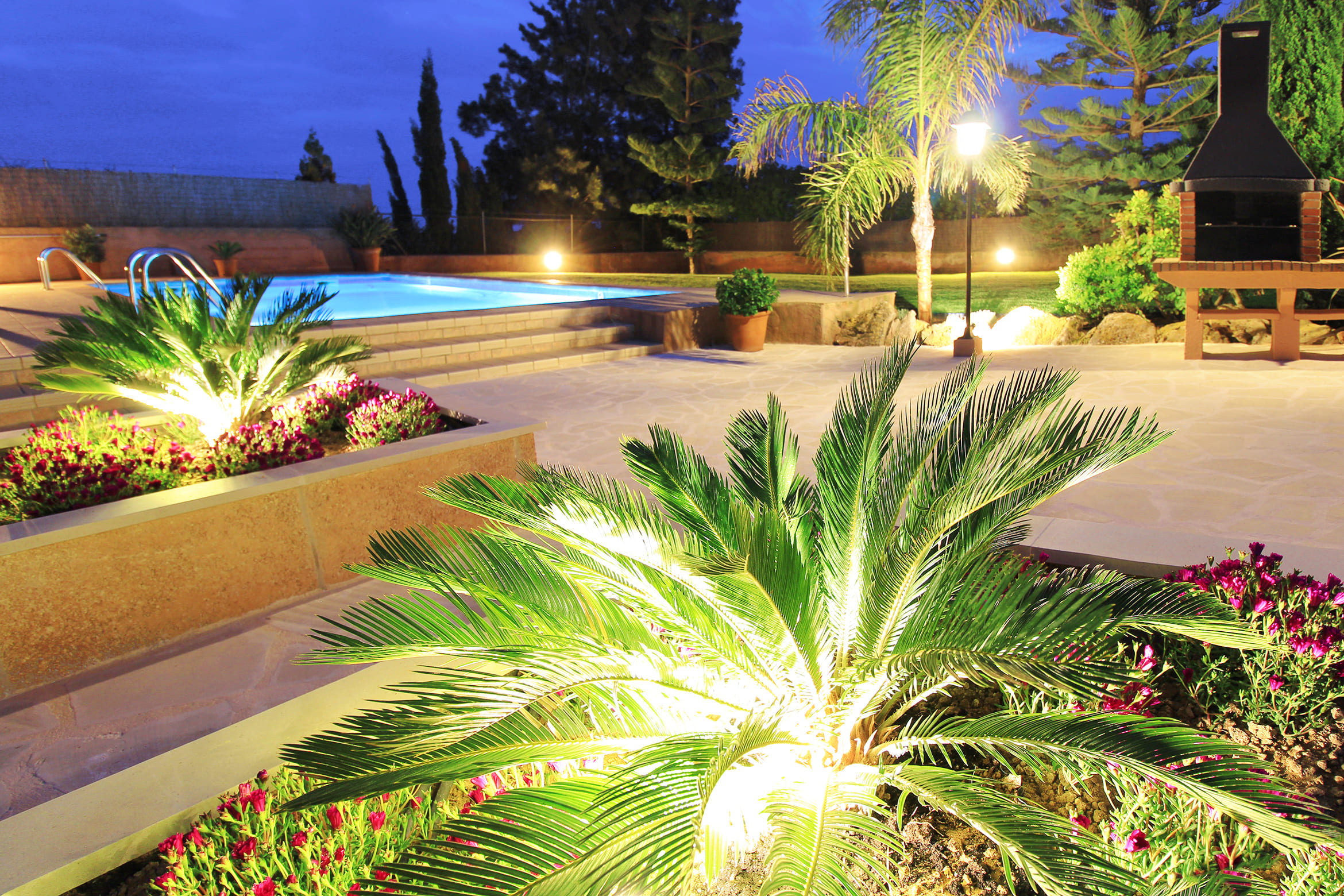 Garden and pool lighting at night