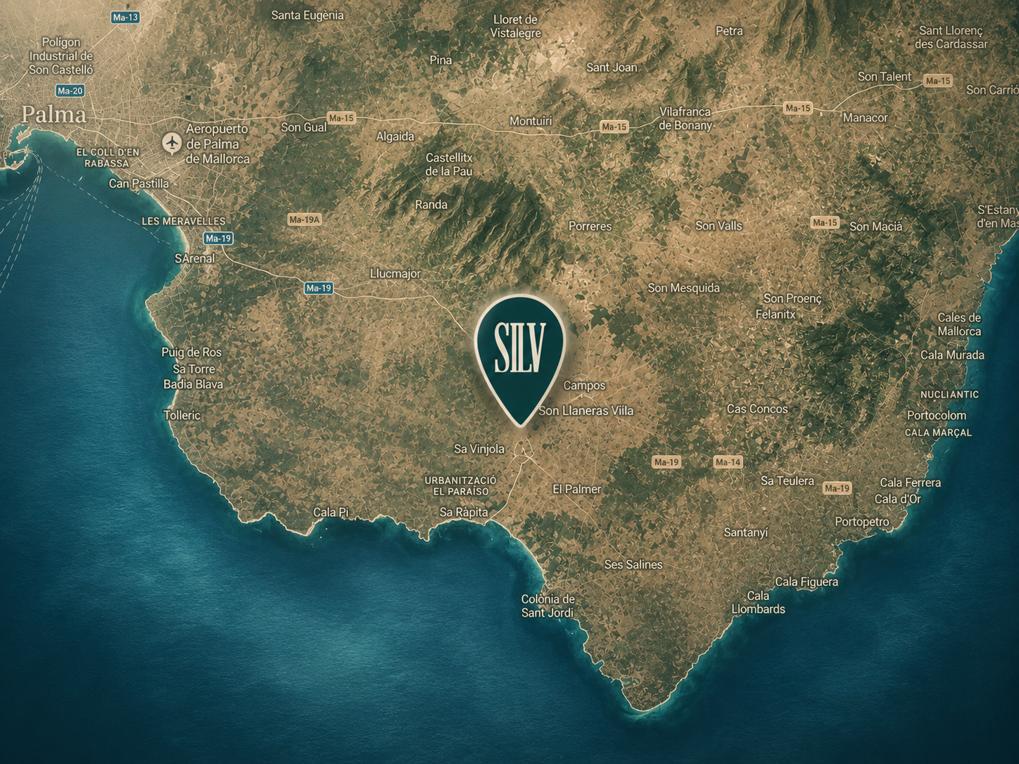 Map showing Son Llaneras Villa in south Mallorca