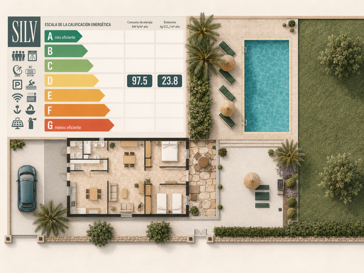 Floor plan and energy rating of the villa